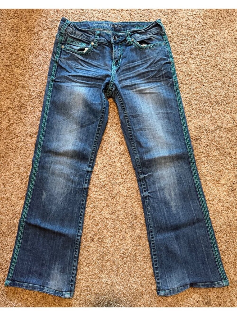 Cowgirl Tuff Co DFMI Emerald Womens Jeans W28 L35 Distressed Denim Teal Stitch